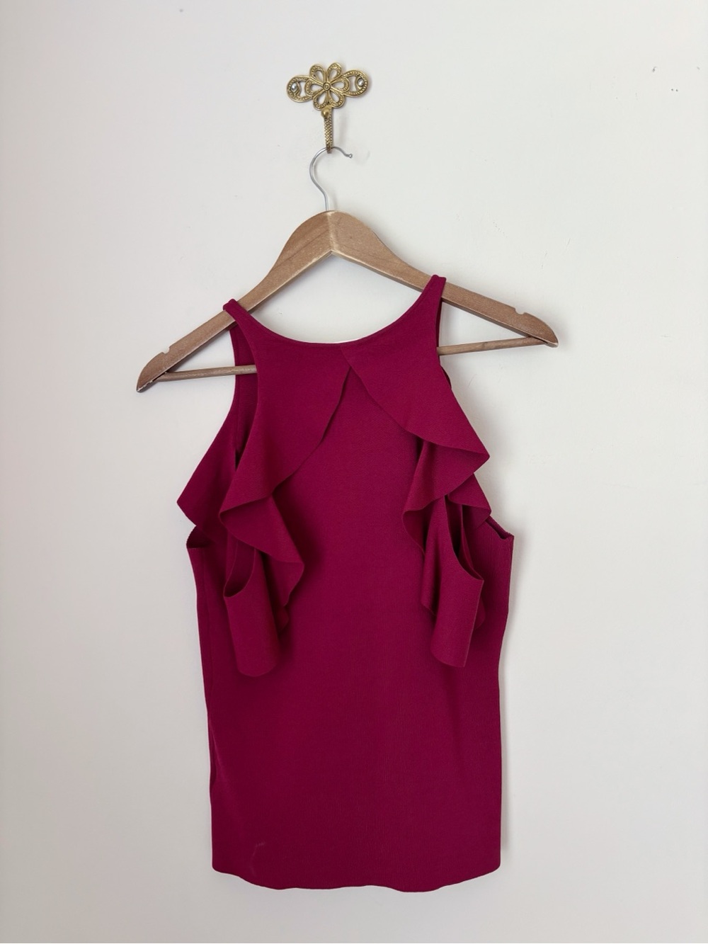 Jonathan Simkhai Burgundy Hanging Ruffle Open Shoulder Knit Top Medium - Picture 4 of 6